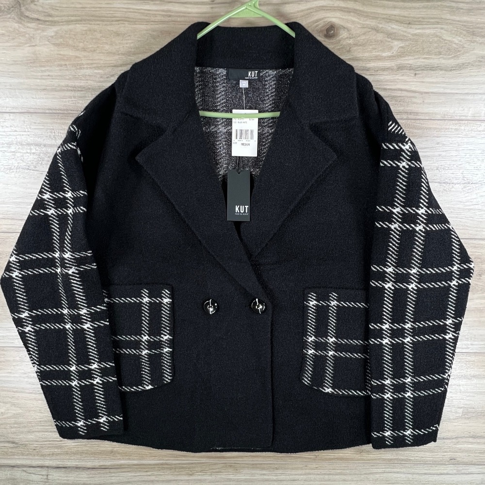 Kut from the Kloth Black White Plaid Double Breasted Blazer Jacket KJ50701 Med